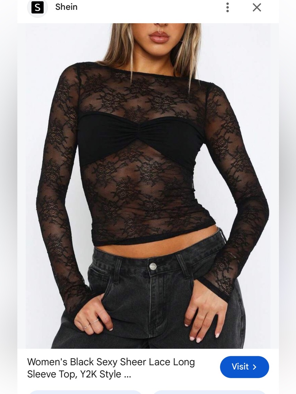 Shein Black Lace Long Sleeve Sheer Top Size Small